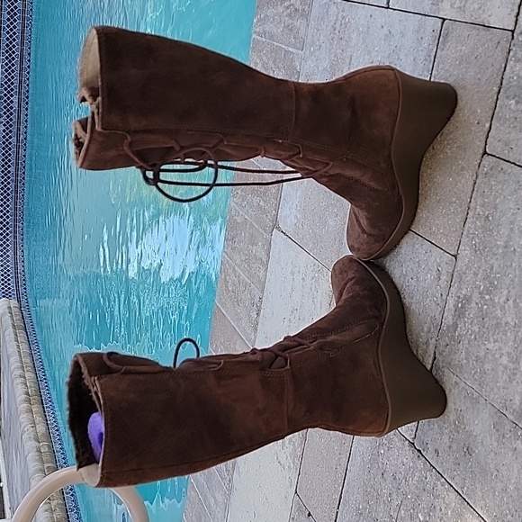 UGG Elsy Wedge Lace Up Brown Leather Sheepskin Lined Boot Size 7 - Picture 4 of 13